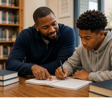 A mentor working alongside a small group of young leaders